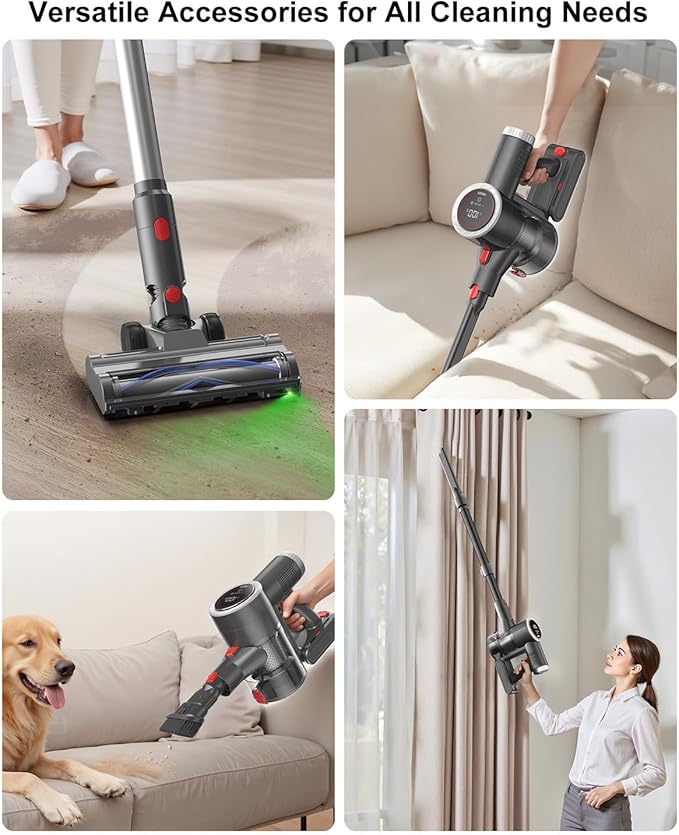 Cordless Vacuum Cleaner Stick Vacuum Rechargeable 550W 45KPA Powerful Suction Lightweight Vacuum Cleaners for Home Anti-Tangle Self Standing for Pet Hair Hardwood Floor Carpet - Sliver