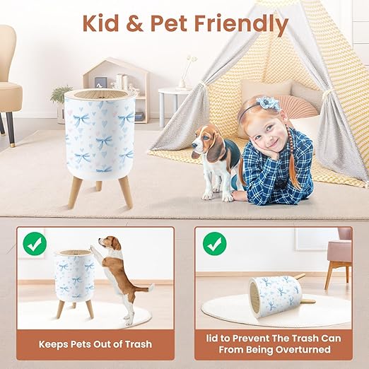 Bathroom Trash Can with Lid Blue Coquette Ribbon Bow Seamless White Soft Girl Aesthetic Repeat Garbage Bin Waste Basket for Kitchen Office Bedroom Decoration Diaper Pail 1.8 Gallon