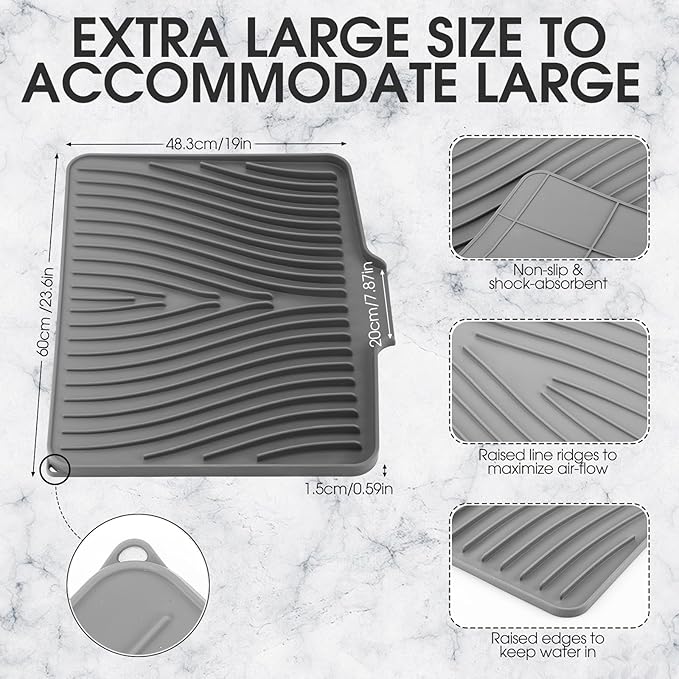 Extra Large Silicone Dish Drying Mat For Kitchen Counter Drying Pad 23.6 x 19 Inch Rubber Dish Drainer Mat with Drain Lip for Sink Drawer Liner(Grey)