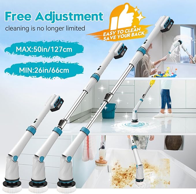 Battery Electric Scrubber for Cleaning Bathroom1200RPM 21V Spin Scrubber Electric Spin Brush for Cleaning 50'' Cordless Power Shower Scrubber W/ 8 Brushes for Grout Tile Tub Floor