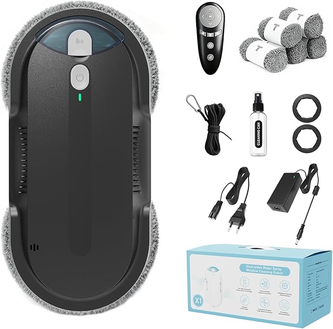 Window Cleaning Robot – 2400-3200Pa Suction Dual Ultrasonic Spray 85ml Tank Edge Detection Anti-Drop 3 Cleaning Modes for Streak-Free Glass(Black)