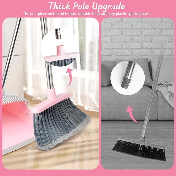 Broom and Dustpan Combo Set Long Handle and Standing Dust Pan with Comb Teeth Efficient Floor Cleaning for Kitchen Outdoor Dorm Apartment Office Lobby (Pink Gray)