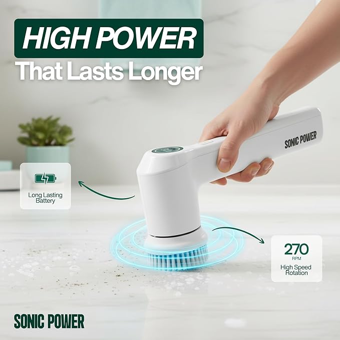 Electric Spin Scrubber – Handheld &amp Ergonomic IPX7 Waterproof 4 Multi-Purpose Brush Heads Long-Lasting Rechargeable Battery – Cleans Dishes Bathroom Tile Grout &amp Kitchen (White)