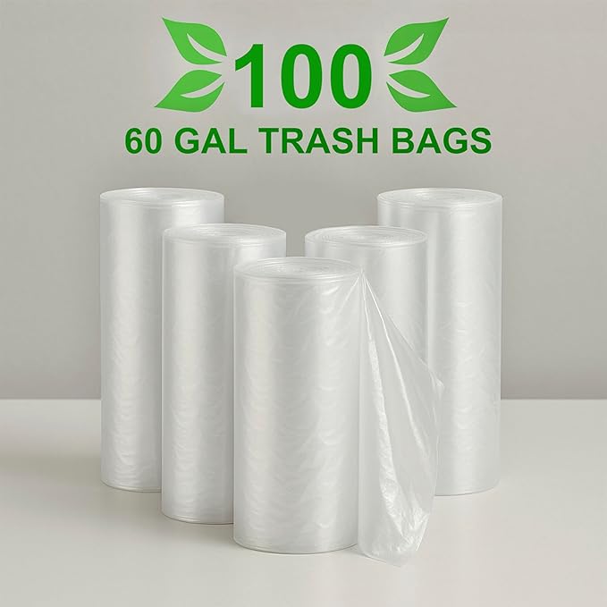 GREEN LIFESTYLE Easy Grab Trash Bags 55-60 Gallon (100 Count) - Super High Density Rolls (Heavy Duty Can Liners Garbage Bags Bulk Contractor Bags with 50 55 60 Gallon Capacity) (Transparent)