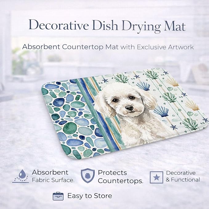 Caroline's Treasures Toy White Poodle Coastal Sea Glass Dish Drying Mat Absorbent Dish Drying Mat Pad for Kitchen Counter Dish Drainer Mat for Countertop 14 x 21 Multicolor