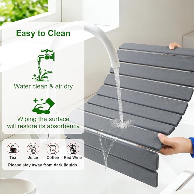 Large Stone Drying Mat for Kitchen Counter Collapsible Stone Dish Drying Mats Water Absorbing Diatomaceous Earth Drying Stone for Kitchen Counter Kitchen Dish Drying Stone Mat 24×16 (White)