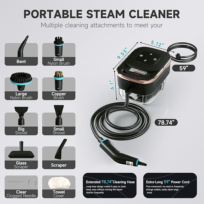 Steam Cleaner for Home Powerful Steamer for Cleaning 4Bar Pressure &amp 15S Instant Heat Multipurpose Cleaning Steamer with Replacement Heads for Home Dirt Grease Grout TileFloor Car Detaili