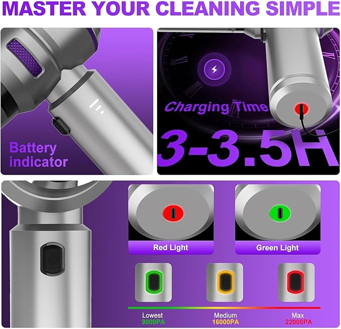 Handheld Car Vacuum Cordless 22000PA Strong Suction Mini Vacuum Cleaner with Brushless Motor 4-in-1 Portable Vacuum for Car Detailing Home Office &amp Travel Silver Purple
