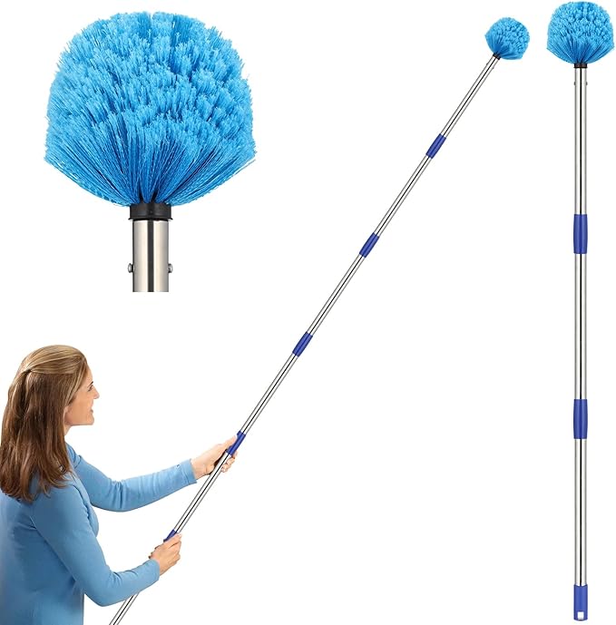 Cobweb Duster with Extension Pole 10 ft Spider Web Brush for Outdoor House Cleaning Cob Web Remover for High Ceilings Fans Medium-Stiff Bristles Head Adjustable Long Handle Lightweight Cleaner