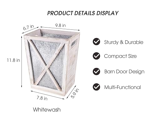 Small Wood Trash Can Wastebasket Decorative Barn Door Garbage Can Waste Basket Rustic Distressed Rectangular Trash Bin Farmhouse Wooden Storage Basket Waste Paper Bin (Whitewash)