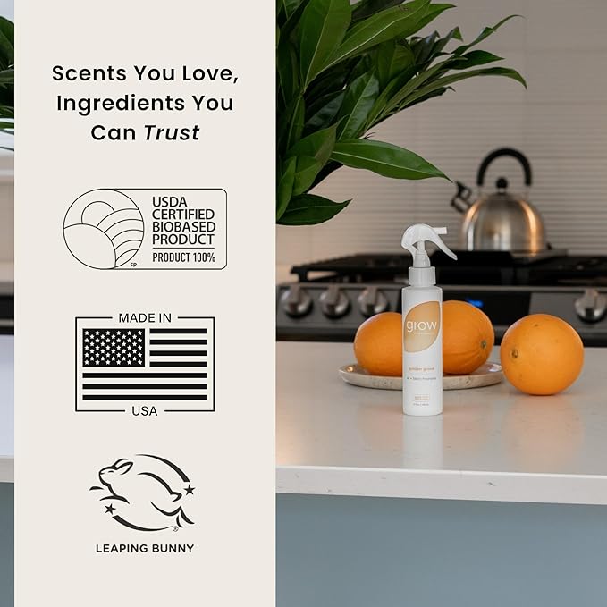 Grow Fragrance 100% Plant-Based Air Freshener Spray | Freshen Fabric &amp Rooms | Golden Grove Scent - Citrus Fruits Watery Green Notes | Made with Natural Essential Oils - 2 Pack 5 oz each