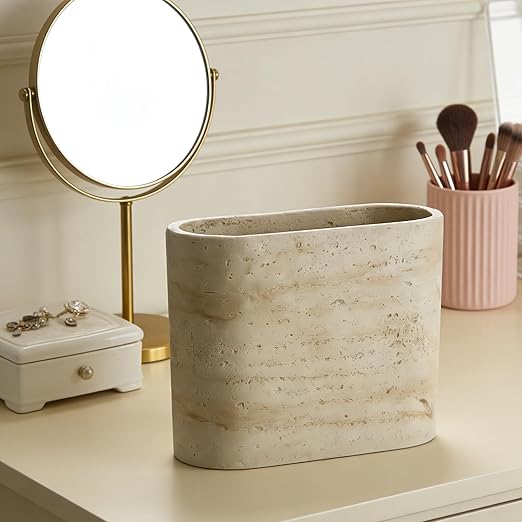 Natural Travertine Textures Mini Trash Can Small Counter Rectangle Trash Can for Bathroom Kitchen Table Desk Tiny Waste Basket for Vanity - Silicone Pad Anti Scratch Non-Slip (Made of Resin)