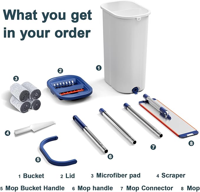 Large Mop and Bucket with Wringer Set for Home Hands Free Flat Floor Mop and Bucket System with 4 Washable Microfiber Pads Wet and Dry Use Mops for Floor Cleaning Two Bucket Mop System