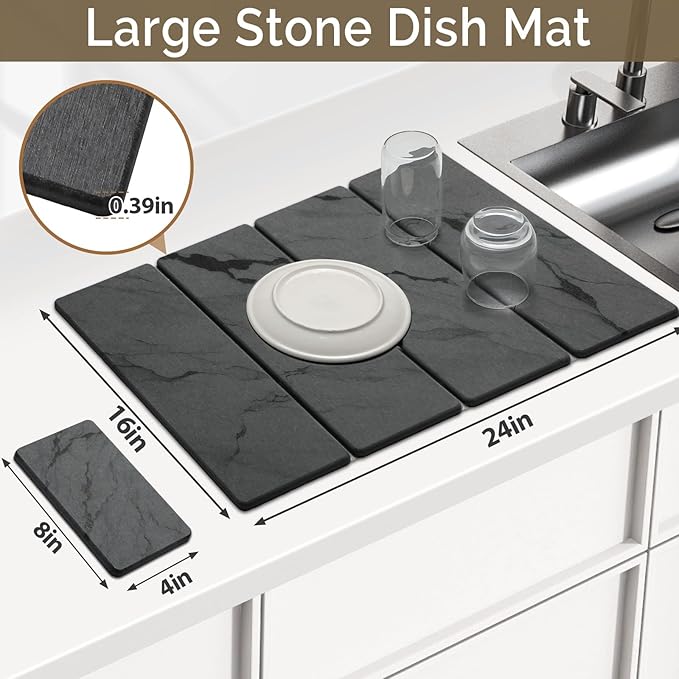 Large Stone Dish Drying Mat for Kitchen Counter 2 PCS Quick Dry Stone Mats Foldable Water Absorbing Diatomaceous Earth Drying Dishes Pad for Countertop Bottles Utensils Cup(Dark gray 24x16&amp8x