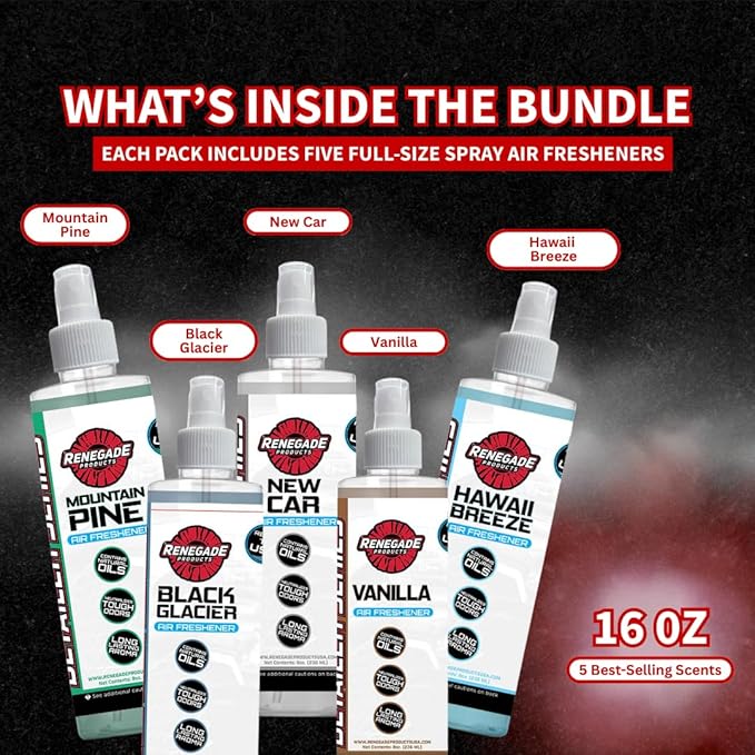 Renegade Products Classic Air Freshener Bundle – 5-Pack Spray Scents for Cars Trucks &amp Home – Includes Black Glacier Pine New Car Vanilla &amp Hawaii Breeze