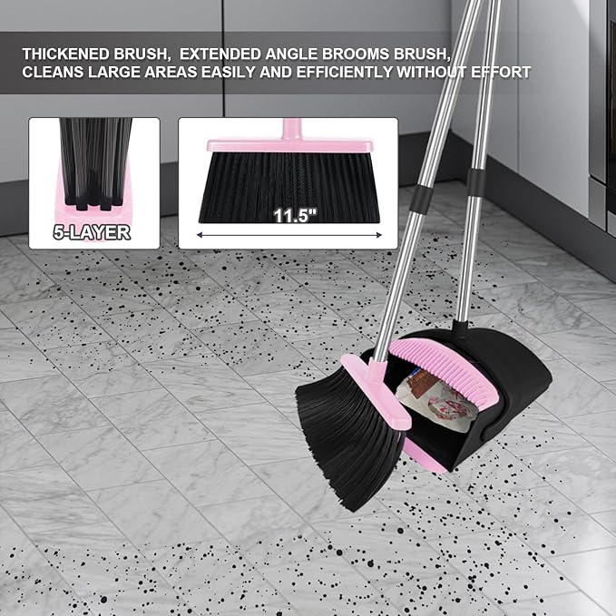 Pink Broom with Dustpan Combo Set 51 Long Handle Household Cleaning Tool Ideal Broom and Dustpan Set for Pet Hair and Home Use