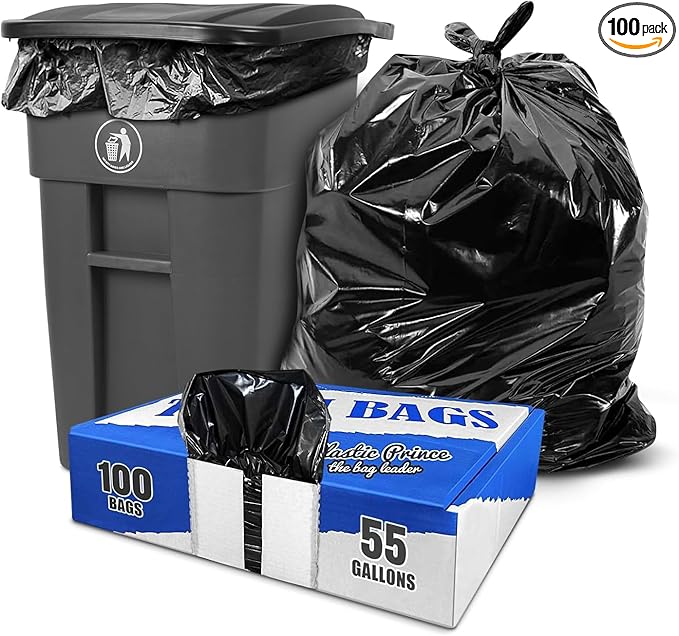 (100 Pack) Plexon 55-60 Gallon Trash Bags 1.5 Mil Heavy Duty Fits Rubbermaid Brute Rollout Round and Square 32-55 gal Trash Cans 43 x 47 Large Durable Garbage Trash Can Liners Bulk (Black)