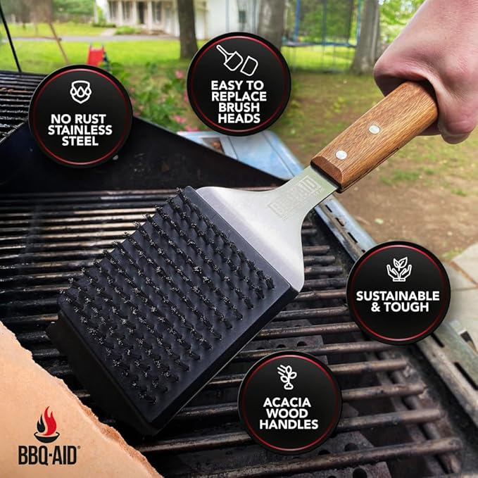 BBQ-Aid Grill Brush and Scraper for Barbecue – Grill Brush for Outdoor Grill with Extended Large Wooden Handle and Replaceable Stainless Steel Bristles Head –No Scratch- BBQ Grill Brush for Any Grill