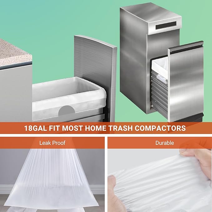 18 Gallon Drawstring Compactor Kitchen Trash Bags 100 Count 1.2 Mil Heavy Duty Garbage Bags Fit for 18 Gallon &amp Most Kitchen Compactors | Compatible with Kitchenaid Whirpool GE 15 Inch Compactor