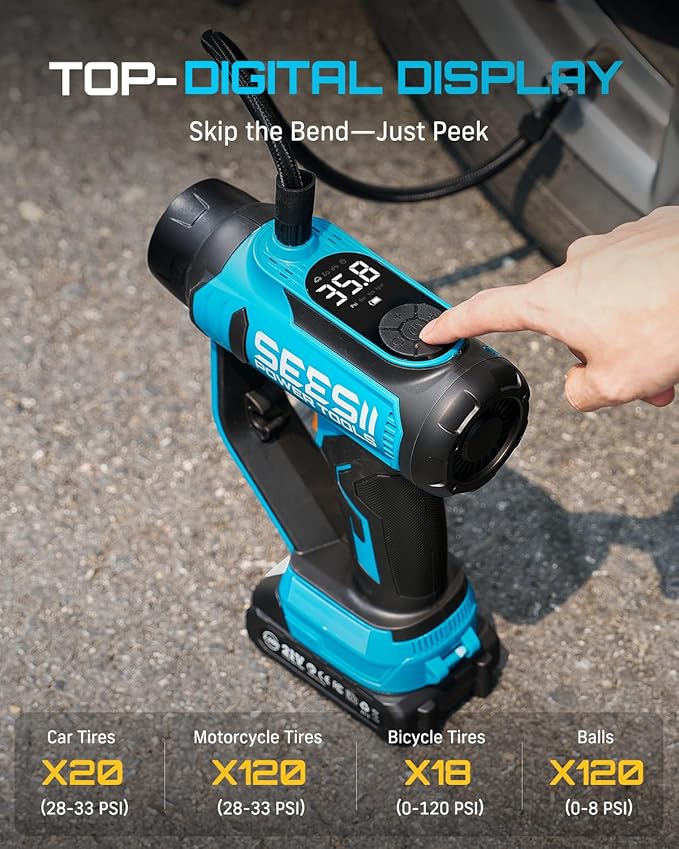 SEESII 3-in-1 Tire Inflator: Portable Air Compressor &amp Car Vacuum Cordless &amp Led Work Light with 2×2000mAh Batteries 21V Tire Air Pump 150PSI w/Digital Gauge+Auto-Shutoff for Ball/Bike/Car/Ho