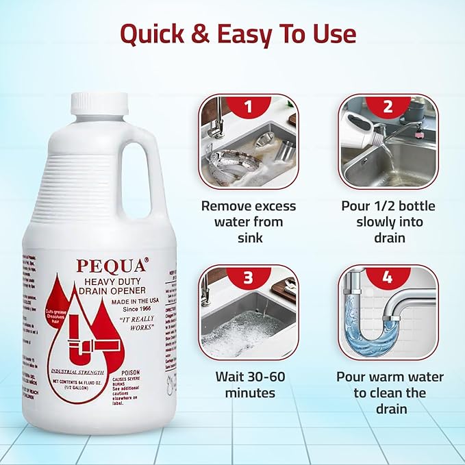 PEQUA INDUSTRIES 64 oz Pequa Heavy Duty Drain Opener - Powerful Non-Acid Fast-Acting Formula Safe for All Pipes Industrial strength Drain Cleaner for Sinks Tubs Septic Tanks (Pack of 4)