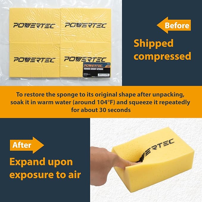 POWERTEC Large Square Grout Sponge – Professional Tile Grout Removal Cleaning Sponge – Heavy-Duty Absorbent Sponges Multi-Purpose Cleaning Tool for Floors Kitchen and Bathroom – 8PK (72106-P2)