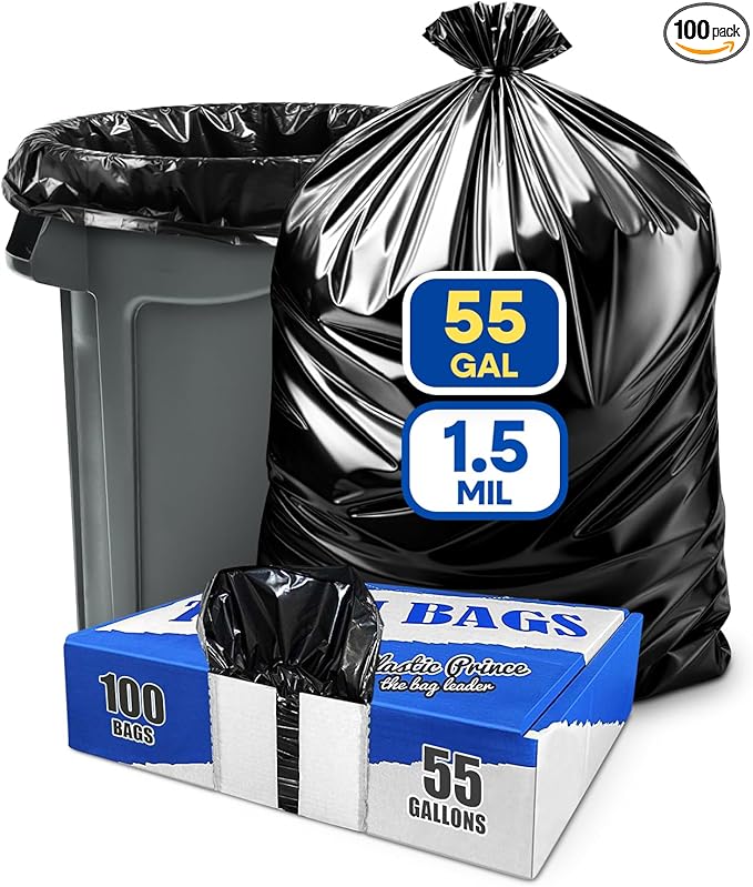 55 Gallon Trash Bags Heavy Duty Large Contractor Garbage Bags for Rubbermaid Brute 44-55 Gallon Trash Cans 38x58 Black Trash Can Liners 1.5 Mil Pack of 100