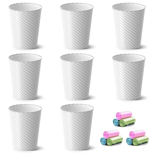 Lysam Bathroom Trash Can 8 Pack 1.8 Gallons Small Trash Can with Trash Bags Bathroom Garbage Can Plastic Trash Bin Round Waste Basket for Bedroom Office Kitchen Room Compact Space (White)