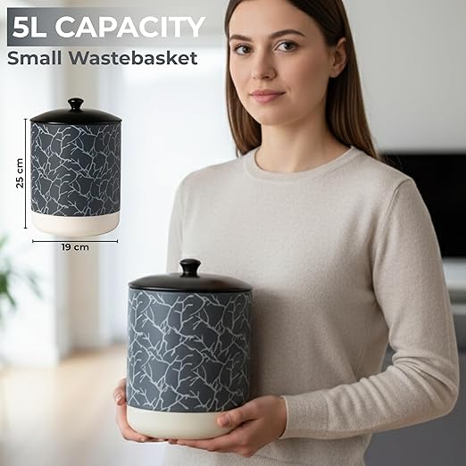 Escenzy Textured Luxury Stone Bathroom Trash Can with Lid 5L | 7 x 10 | High End Ceramic Trash Can | Decorative Waste Basket for Bathroom Bedroom Kitchen Hotels or Living Room Decor | Ideal Gift
