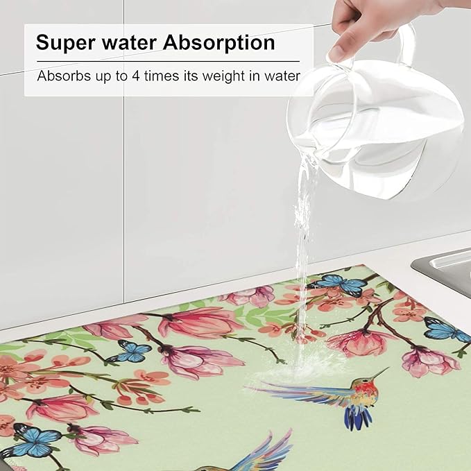 Bird Floral Flowers Dish Drying Mat for Kitchen Counter 16x18 Microfiber Absorbent Fast Dry Mat 2Pcs Dish Mat Faucet Mats Sets Large Drying Kitchen Mat Kitchen Drying Pad Coffee Bar Decor Gifts