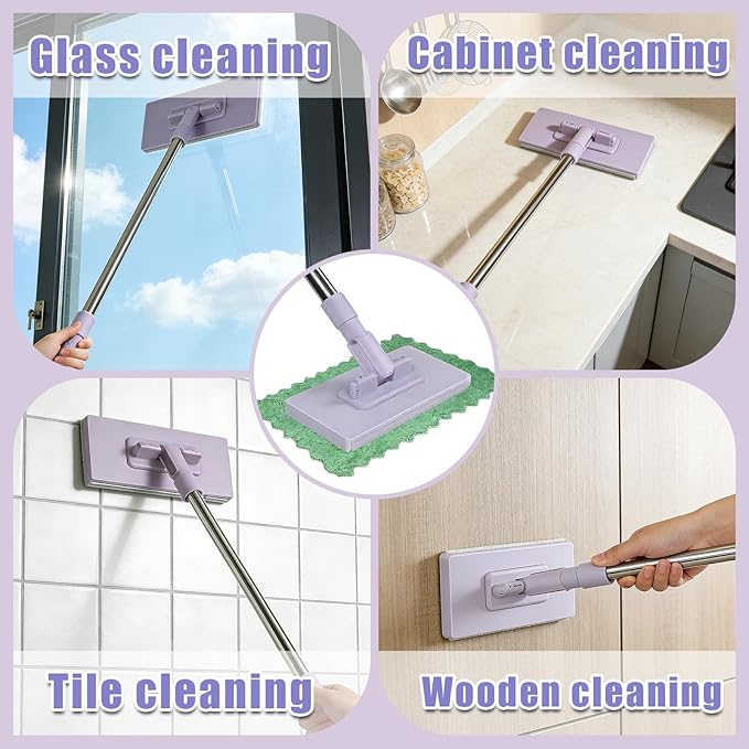 Snap Grip Mini Mop Zero Touch Mini Mops Lazy Mops with Locking Head &amp 5 Reusable Cloths Wash-Free Mini Mop for Dry and Wet Use Long Handle Stick for Multi-Surface Cleaning (Purple)