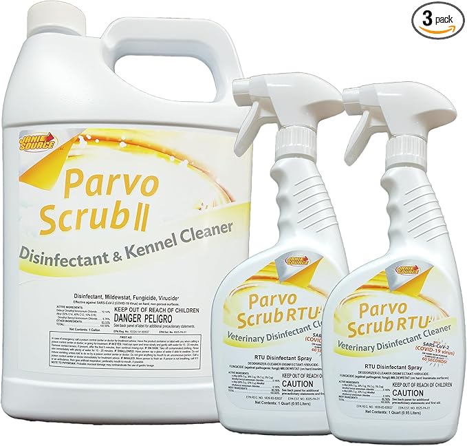 ParvoScrub Veterinary &amp Kennel Disinfectant Cleaner &amp Deodorizer Bundle (1 Concentrated Gallon and 2-32 Ounce Bottles)