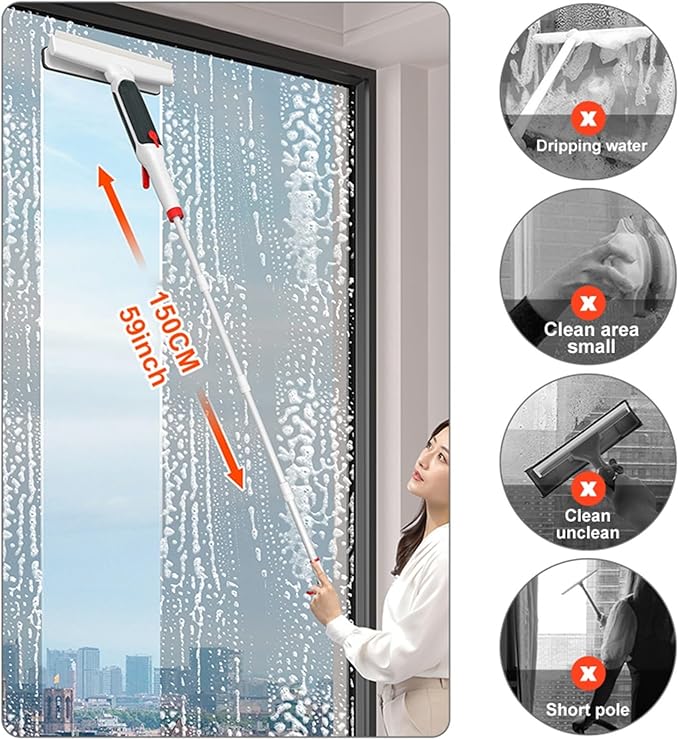 Window Cleaning Brush Glass Wiper for Long Handle Brush Window Cleaner with Water Collection Home Cleaning Tools ﻿(4Pcs Cloth)