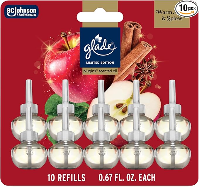 Glade PlugIns Refills Air Freshener Warm Apple &amp Spices Scented and Essential Oils for Home and Bathroom 0.67 Fl Oz 10 Count