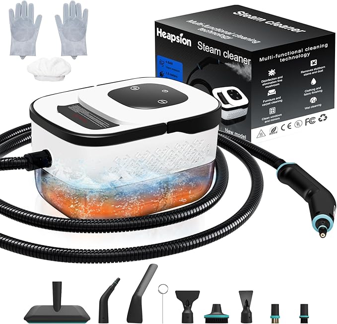 Heapsion Steam Cleaner Steamer for Cleaning with 15s Heat-Up 6 Adjustable Levels Large 1.32 Quarts Tank Pressurized Handheld Steam Cleaner for Home Dirt Grease Grout TileFloor Car 12 pcs