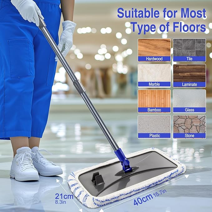 MASTERTOP Microfiber Mops for Floor Cleaning Extra Large Industrial MopFloor Commercial Mop for Wet &amp Dry Use Flat Mops for Hardwood Vinyl Laminate Tile Floors 5 Reusable &amp Washable Pad