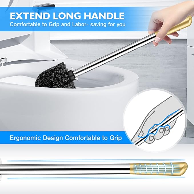 Toilet Brush and Holder 2 Pack 304 Stainless Steel Toilet Brush with Extended and Durable Comfortable Brush Handle Toilet Bowl Brush for Bathroom Toilet - Ergonomic Pratical Durable (Gold)