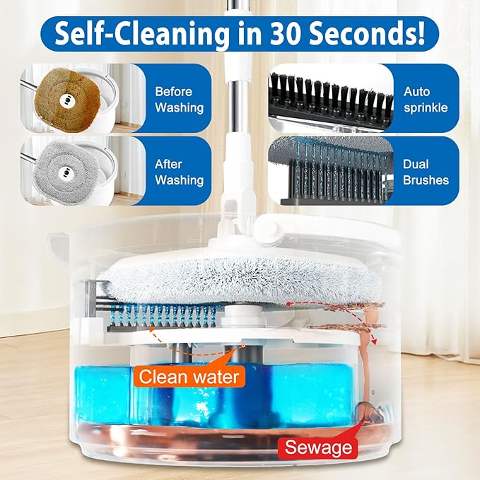 Spin Mop and Bucket with Wringer Set 360° Spinning Mop Bucket with Separate Dirty and Clean Water System with 3 Microfiber Mop Pads and 52 Stainless Steel Adjustable Handle for Floor Wall Cleaning