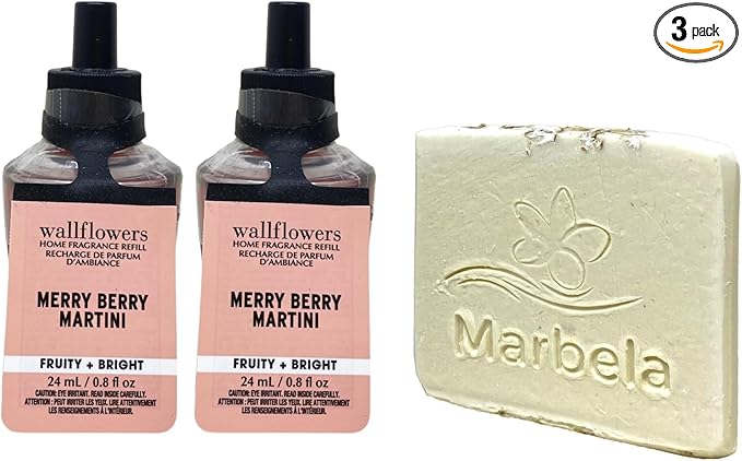 Bath &amp Body Works Merry Berry Martini 2 Wallflowers Home Fragrance Refill Bulbs with Natural Oats Soap Sample