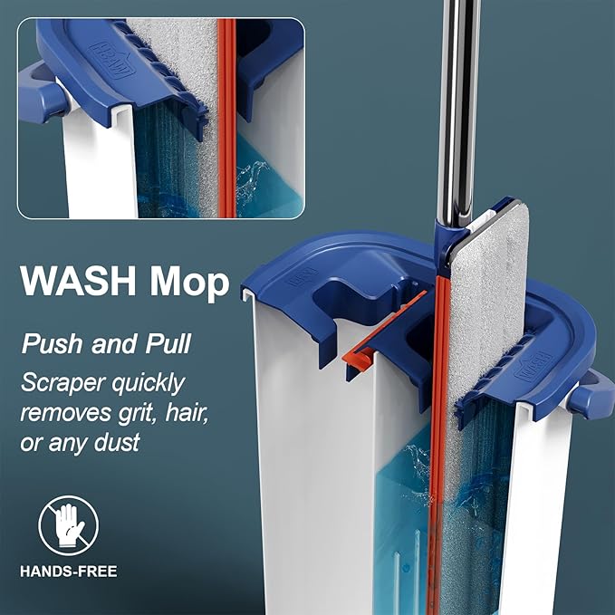 Large Mop and Bucket System with Wringer Set Hands-Free Flat Mops for Floor Cleaning Mopping Bucket System with 8 Washable Microfiber Pads for Wet and Dry Use Home Windows and Wall Cleaner Mop