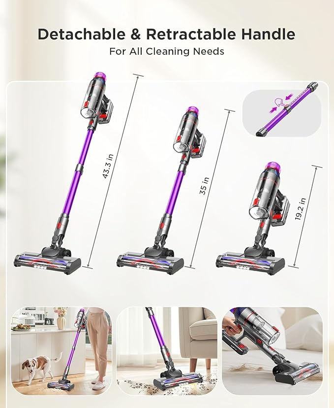 Cordless Stick Vacuum Cleaner - 550W Powerful Cordless Vacuum with HEPA Filter Up to 50min Runtime &amp Tangle-Free Lightweight &amp Detachable Battery for Pet Hair Carpet Hardwood Floor Cleaning