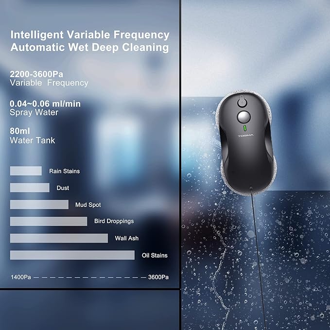 Tosima W3 Window Cleaning Robot - Dual Direction Auto-Spray Smart Window Cleaner with Triple Safety System Smart Navigation Remote Control for All Smooth Surfaces with 12 Rags Black