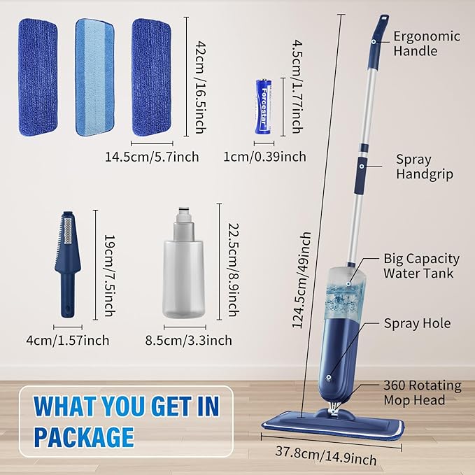 Power Mop for Floor Cleaning with 3 Washable Pads - Wet Dry Microfiber Mop with 720 ml Refillable Bottle for Kitchen Wood Floor Hardwood Laminate Ceramic Tiles Floors Dust Cleaning
