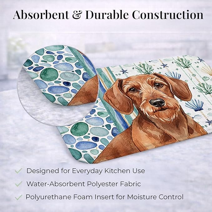 Caroline's Treasures Wirehaired Red Dachshund Coastal Sea Glass Dish Drying Mat Absorbent Dish Drying Mat Pad for Kitchen Counter Dish Drainer Mat for Countertop 14 x 21 Multicolor
