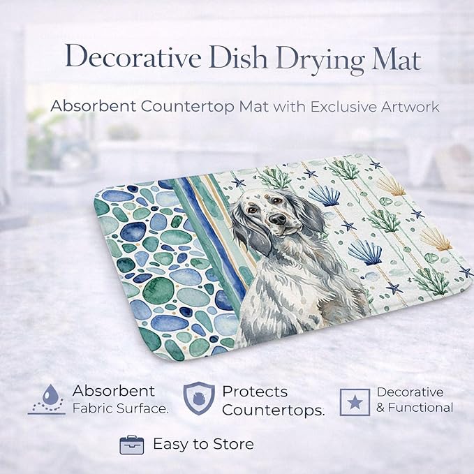 Caroline's Treasures Blue Belton English Setter Coastal Sea Glass Dish Drying Mat Absorbent Dish Drying Mat Pad for Kitchen Counter Dish Drainer Mat for Countertop 14 x 21 Multicolor