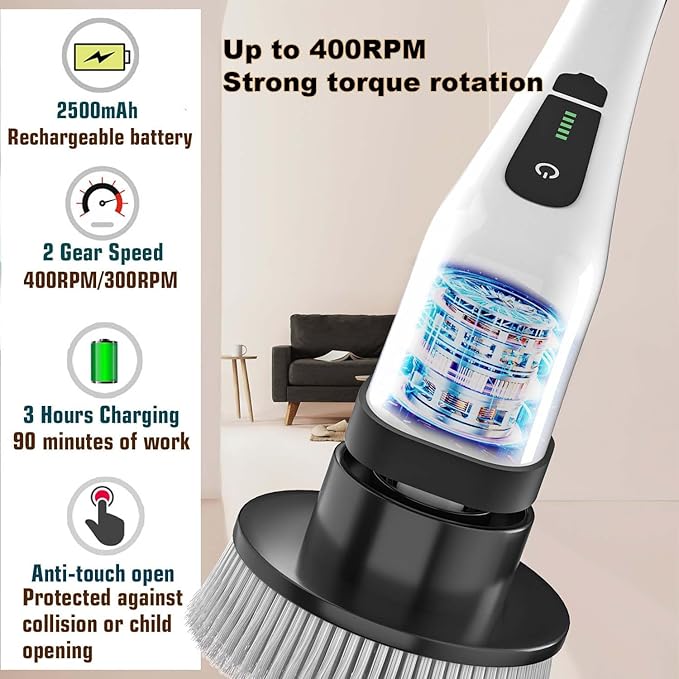 MGLSDeet Electric Spin Scrubber Scrub Brush Rechargeable Cleaning Brush with 8 in 1 Replaceable Brush Heads Cordless Power Spin Scrubber 90Mins for Bathroom Shower Bathtub Glass Car