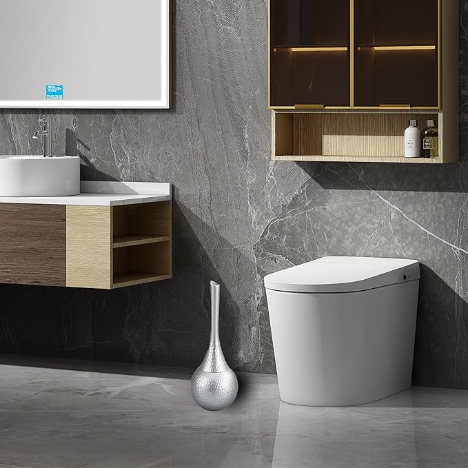 Silver Toilet Brush and Holder Set Contemporary Brushed Metal Look with Anti-Splash Shield Rust-Proof ABS Modern Bath Accessories for Home &amp Hotel