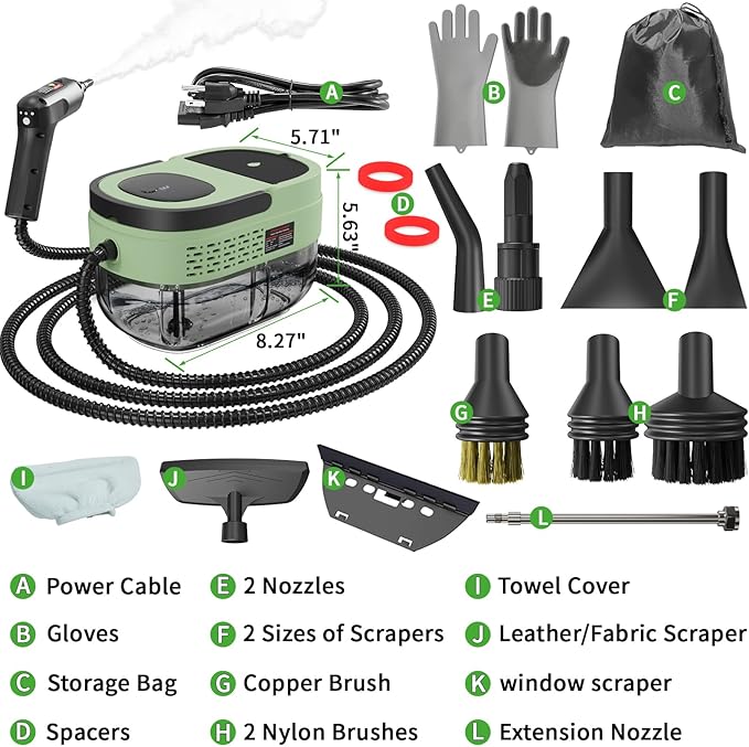 Handheld Steam Cleaner for Home 2500W High Temperature Pressurized Machine 1.6L Water Tank Handle-controlled Steam Output Portable Cleaning Steamer for Car Bed Bugs Furniture (Green 16 PCS)