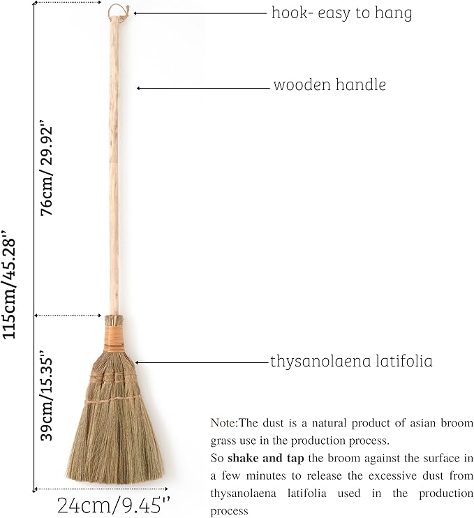 Vietnamese Straw Soft Broom for Cleaning with Long Handle Broom- Broom Decorative 9.45'' Width 45.28 Length