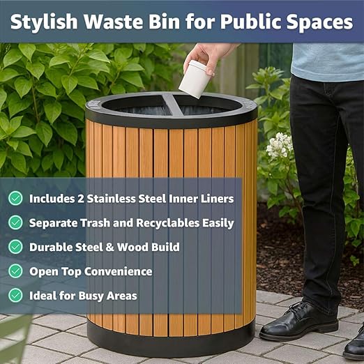 22 Gallon Round Outdoor Two-Stream Trash Can Recycling Bin - Commercial Dual Stainless Steel / Wood Compartment 11 Gallon Liners - Decorative Waste Container for Parks Retail Stores Transit Stations
